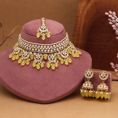 Yellow Color Choker Kundan Necklace Set (KN1456YLW)