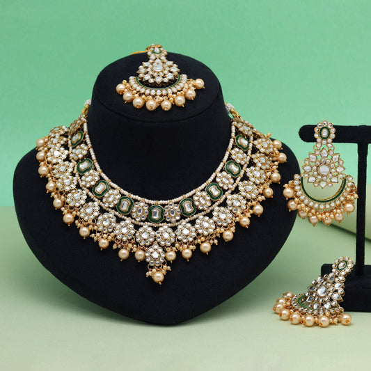 Gold Color Meena Work Kundan Necklace Set (KN1457GLD)