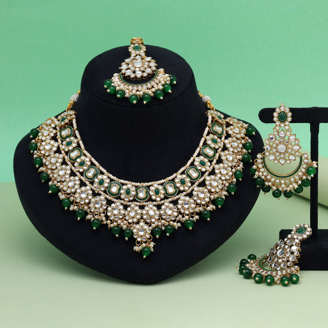 Green Color Meena Work Kundan Necklace Set (KN1457GRN) - Preyans.com