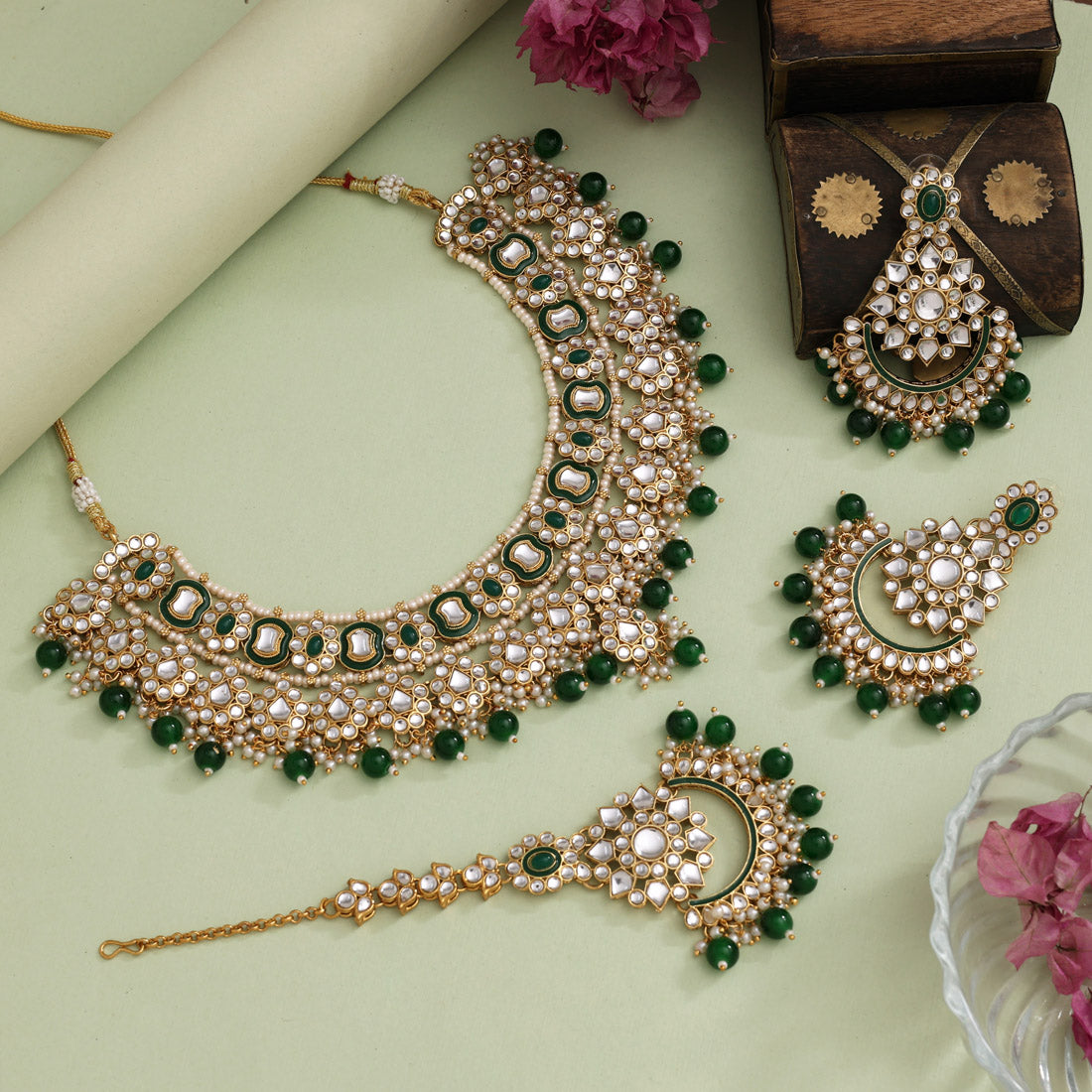 Green Color Meena Work Kundan Necklace Set (KN1457GRN) - Preyans.com