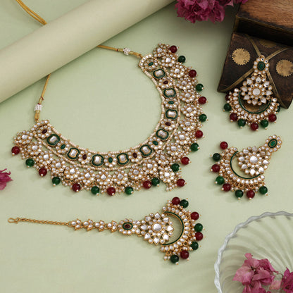 Maroon & Green Color Meena Work Kundan Necklace Set (KN1457MG)