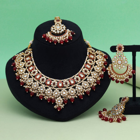 Maroon Color Meena Work Kundan Necklace Set (KN1457MRN)