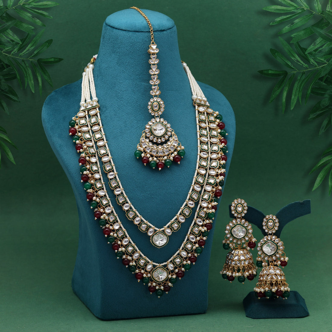 Maroon & Green Color Meena Work Kundan Necklace Set (KN1458MG)