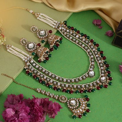 Maroon & Green Color Meena Work Kundan Necklace Set (KN1458MG)