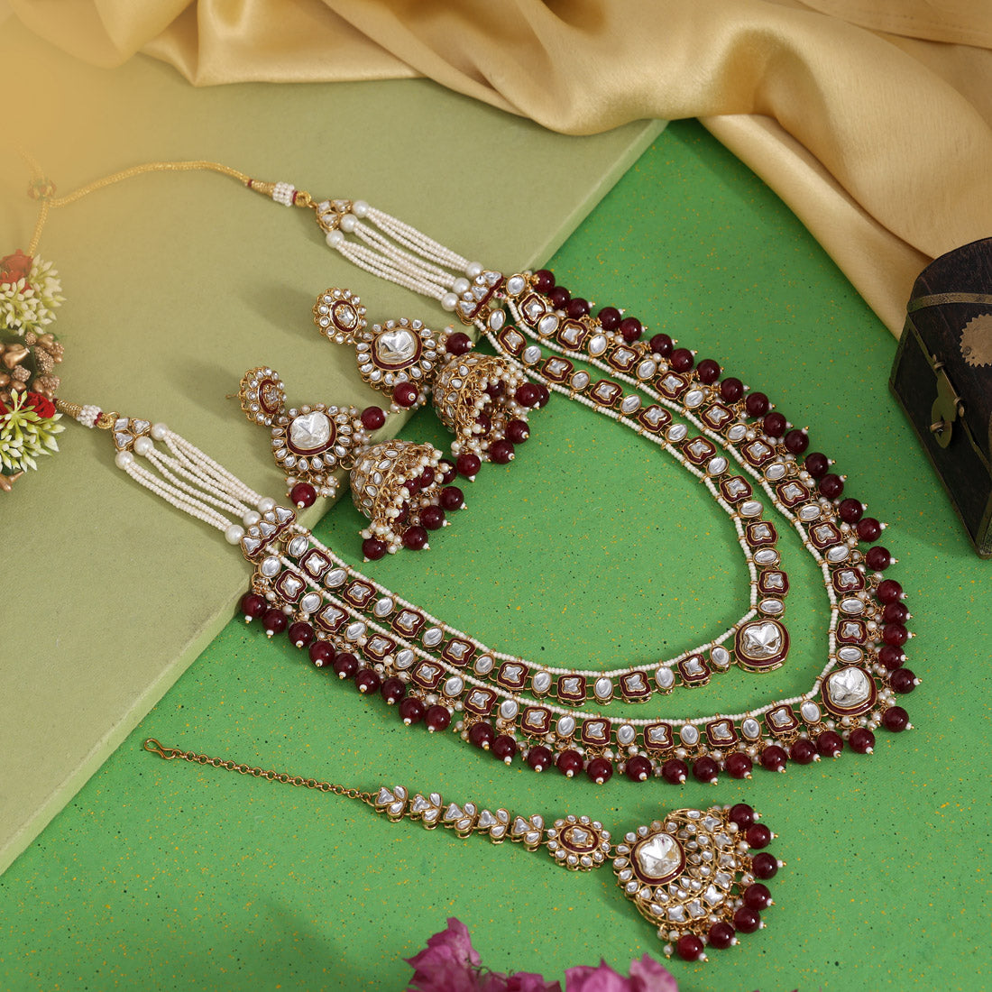 Maroon Color Meena Work Kundan Necklace Set (KN1458MRN)