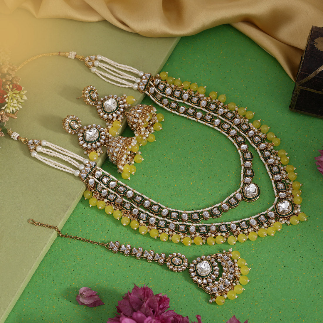 Yellow Color Meena Work Kundan Necklace Set (KN1458YLW)