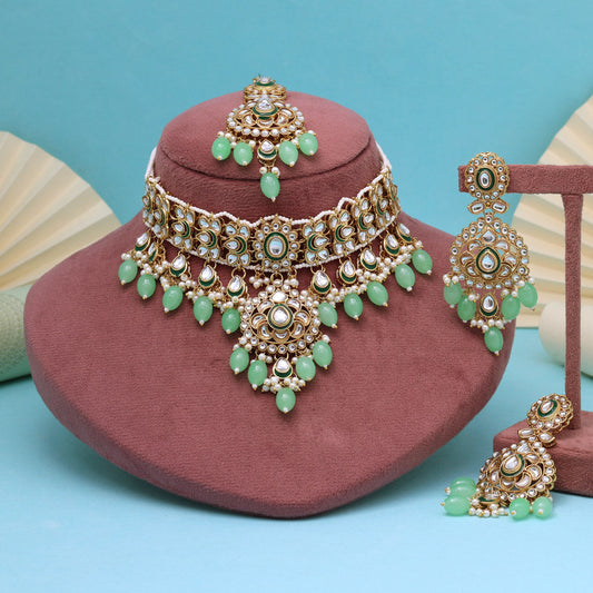 Zesty Parrot Green Color Kundan Necklace Set - Preyans.com