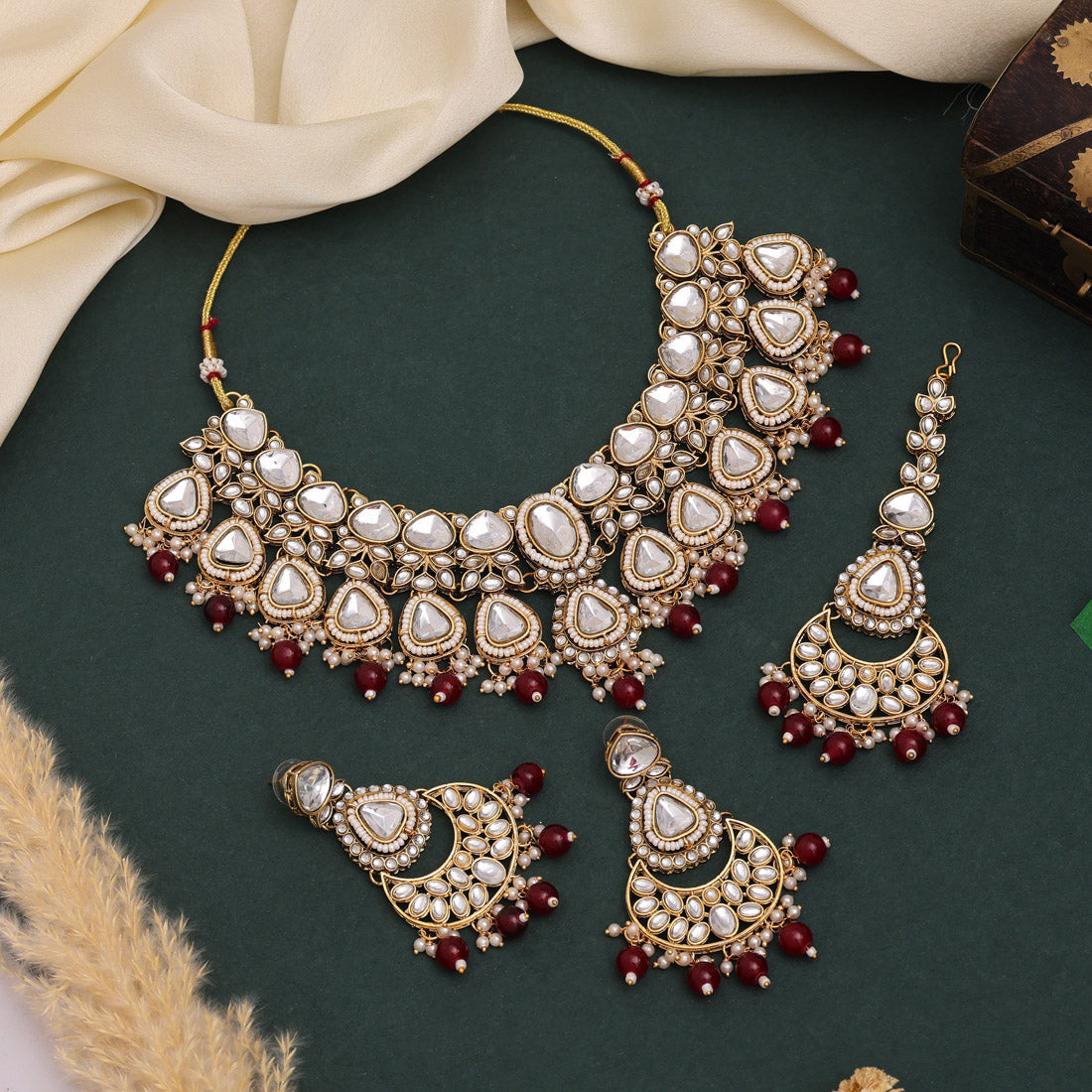 Designer Maroon Color Kundan Necklace Set For Classic Indian Outfits - Preyans.com
