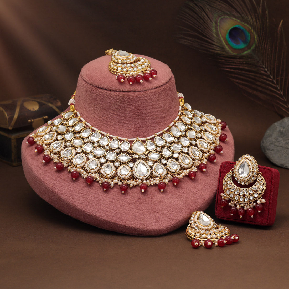 Antique Maroon Color Kundan Necklace Set For Rich Traditional Styling - Preyans.com