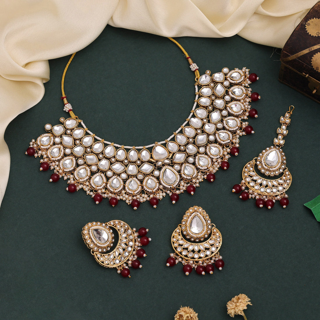 Antique Maroon Color Kundan Necklace Set For Rich Traditional Styling - Preyans.com