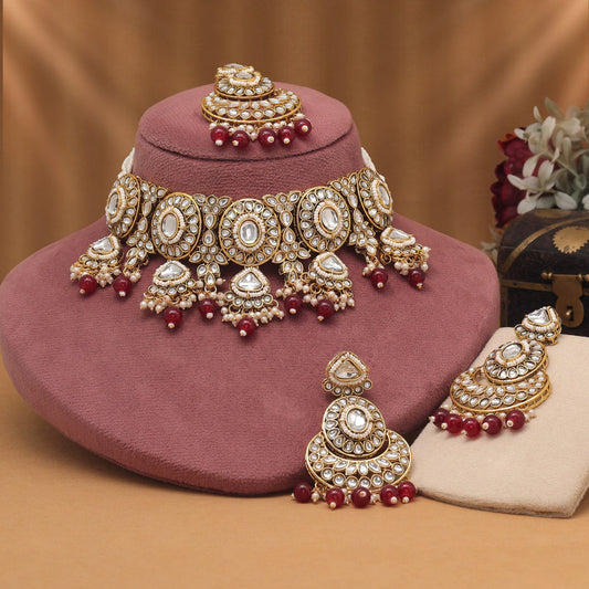 Antique Style Maroon Color Choker Kundan Necklace Set For Traditional Outfits - Preyans.com