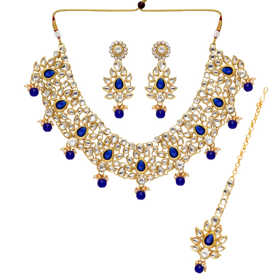 Blue Color Imitation Pearl & Kundan Necklace With Earrings & Maang Tikka (KN163BLU) - Preyans.com