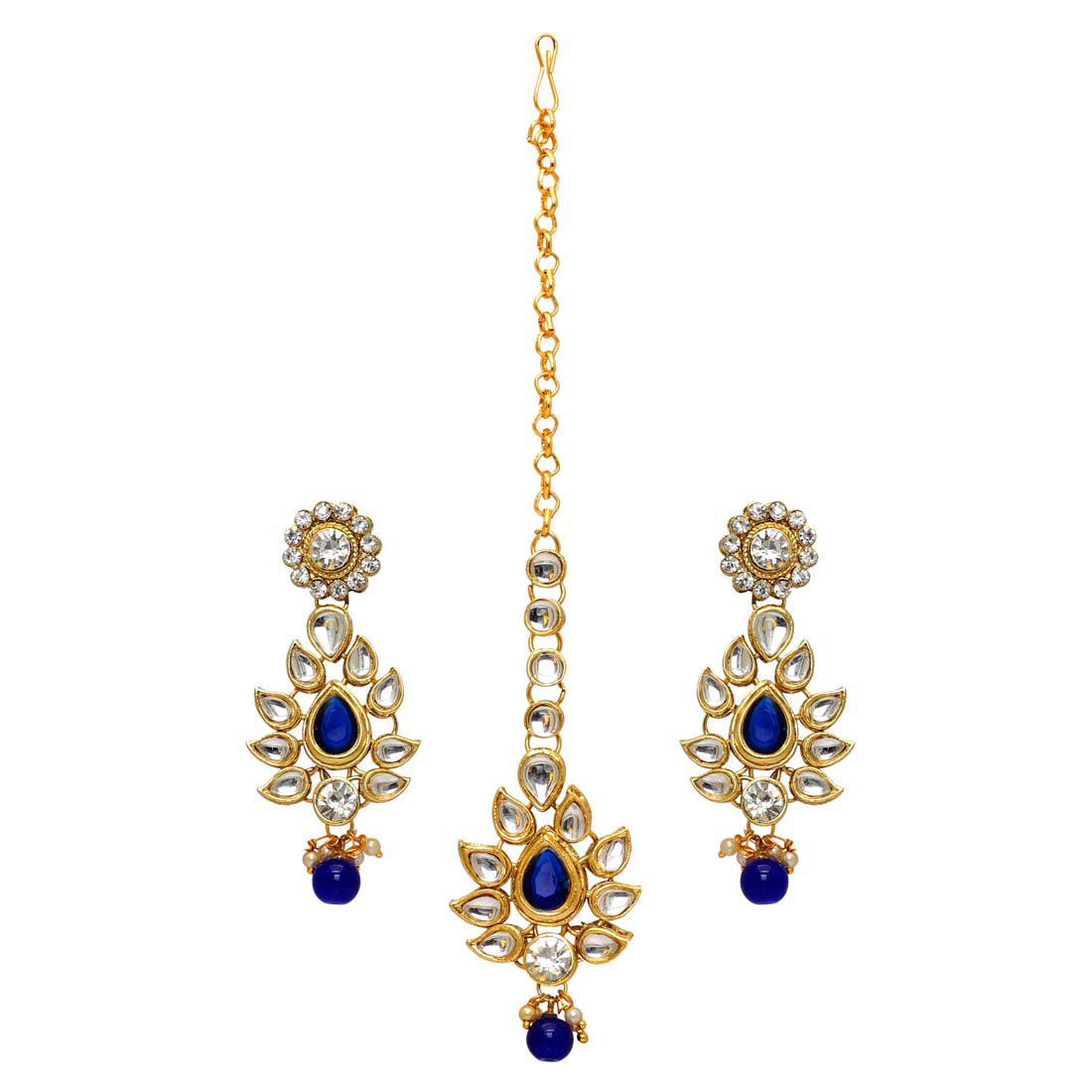 Blue Color Imitation Pearl & Kundan Necklace With Earrings & Maang Tikka (KN163BLU) - Preyans.com