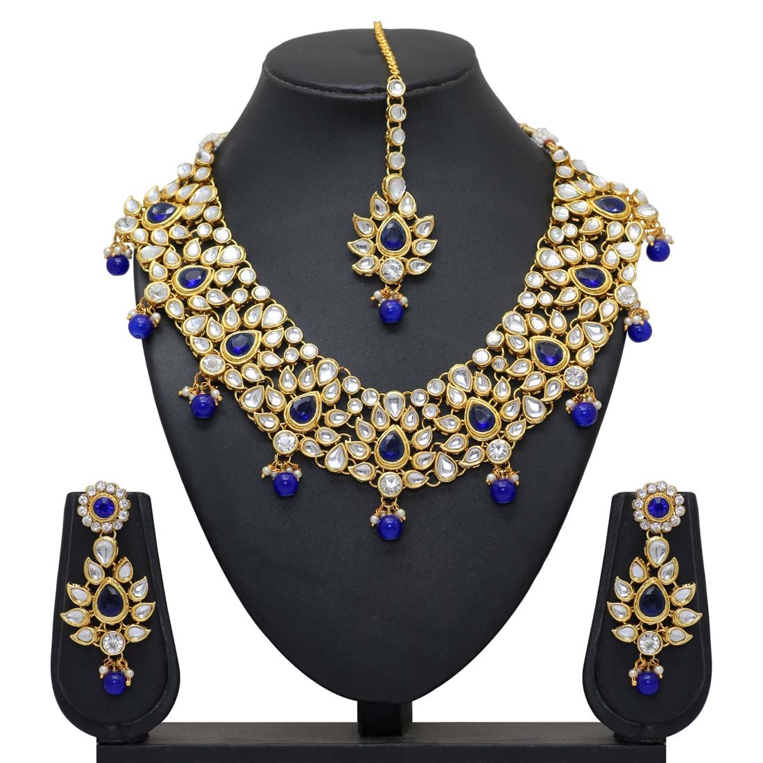 Blue Color Imitation Pearl & Kundan Necklace With Earrings & Maang Tikka (KN163BLU) - Preyans.com