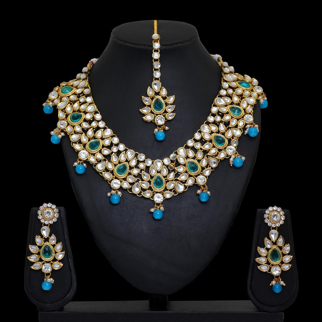 Firoza Color Kundan Necklace Set (KN163FRZ) - Preyans.com