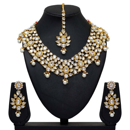 White Color Imitation Pearl & Kundan Necklace With Earrings & Maang Tikka (KN163WHT) - Preyans.com