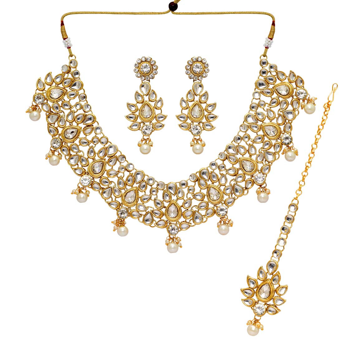 White Color Imitation Pearl & Kundan Necklace With Earrings & Maang Tikka (KN163WHT) - Preyans.com