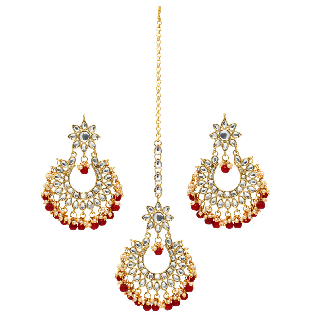 Maroon Color Imitation Pearl Kundan Necklace With Earrings & Maang Tikka For Women (KN197MRN) - preyans.com