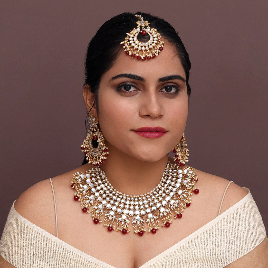 Maroon Color Imitation Pearl Kundan Necklace With Earrings & Maang Tikka For Women (KN197MRN) - preyans.com