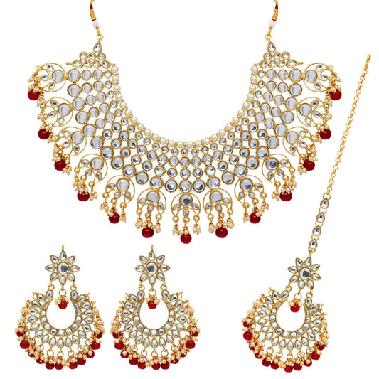 Maroon Color Imitation Pearl Kundan Necklace With Earrings & Maang Tikka For Women (KN197MRN) - preyans.com