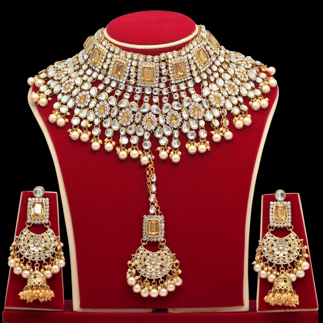 Gold Color Kundan Bridal Necklace With Earrings & Maang Tikka (KN222GLD) - preyans.com