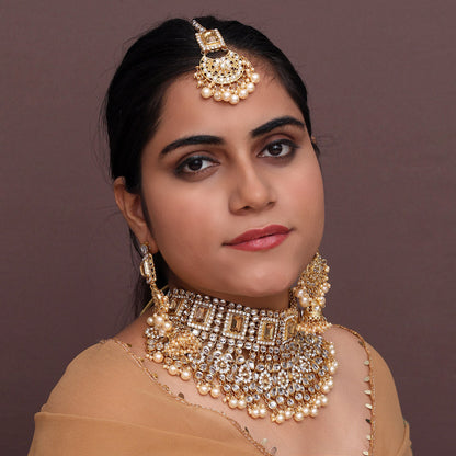 Gold Color Kundan Bridal Necklace With Earrings & Maang Tikka (KN222GLD) - preyans.com