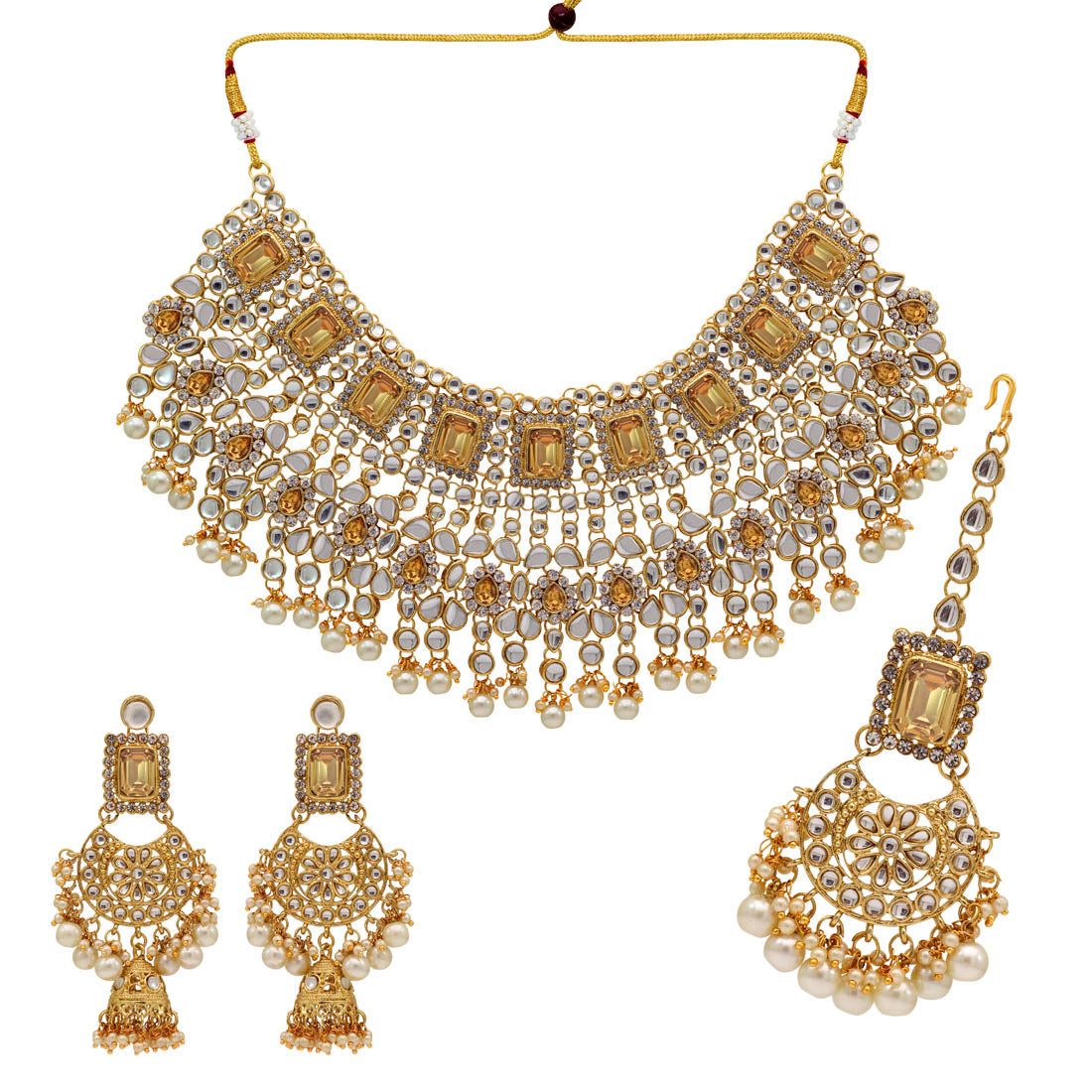 Gold Color Kundan Bridal Necklace With Earrings & Maang Tikka (KN222GLD) - preyans.com