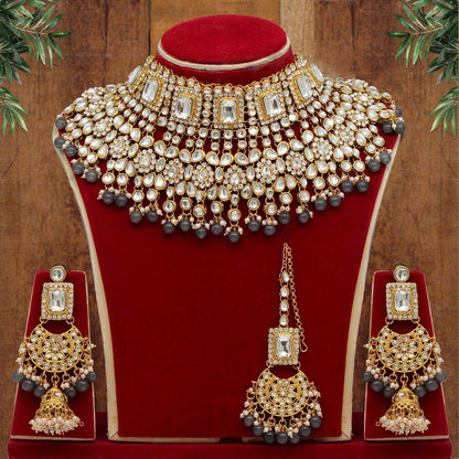 Grey Color Kundan Bridal Necklace Set (KN222GRY) - preyans.com