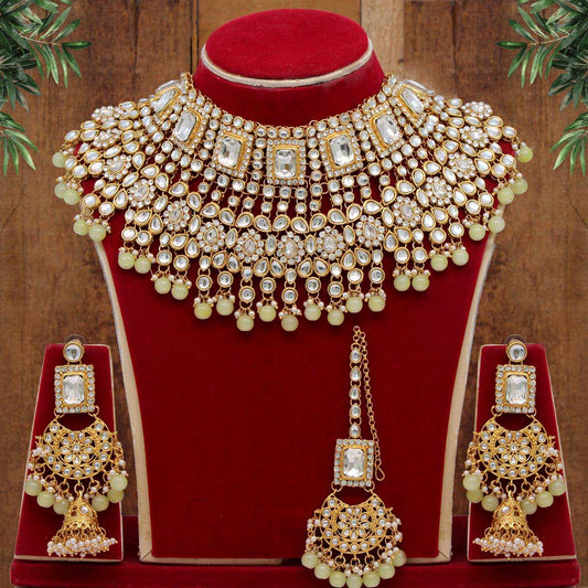 Lemon Yellow Color Kundan Bridal Necklace Set (KN222LYLW) - preyans.com