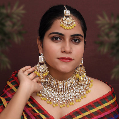 Lemon Yellow Color Kundan Bridal Necklace Set (KN222LYLW) - preyans.com