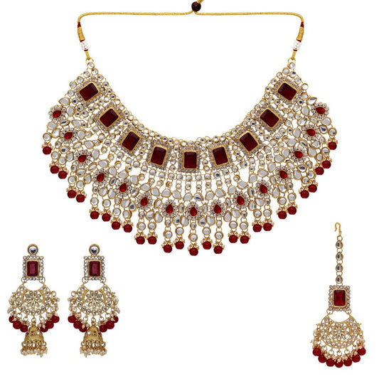 Maroon Color Kundan Bridal Necklace With Earrings & Maang Tikka (KN222MRN) - preyans.com