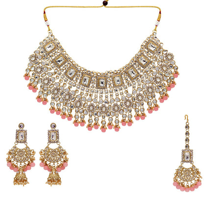 Peach Color Kundan Bridal Necklace With Earrings & Maang Tikka (KN222PCH) - preyans.com