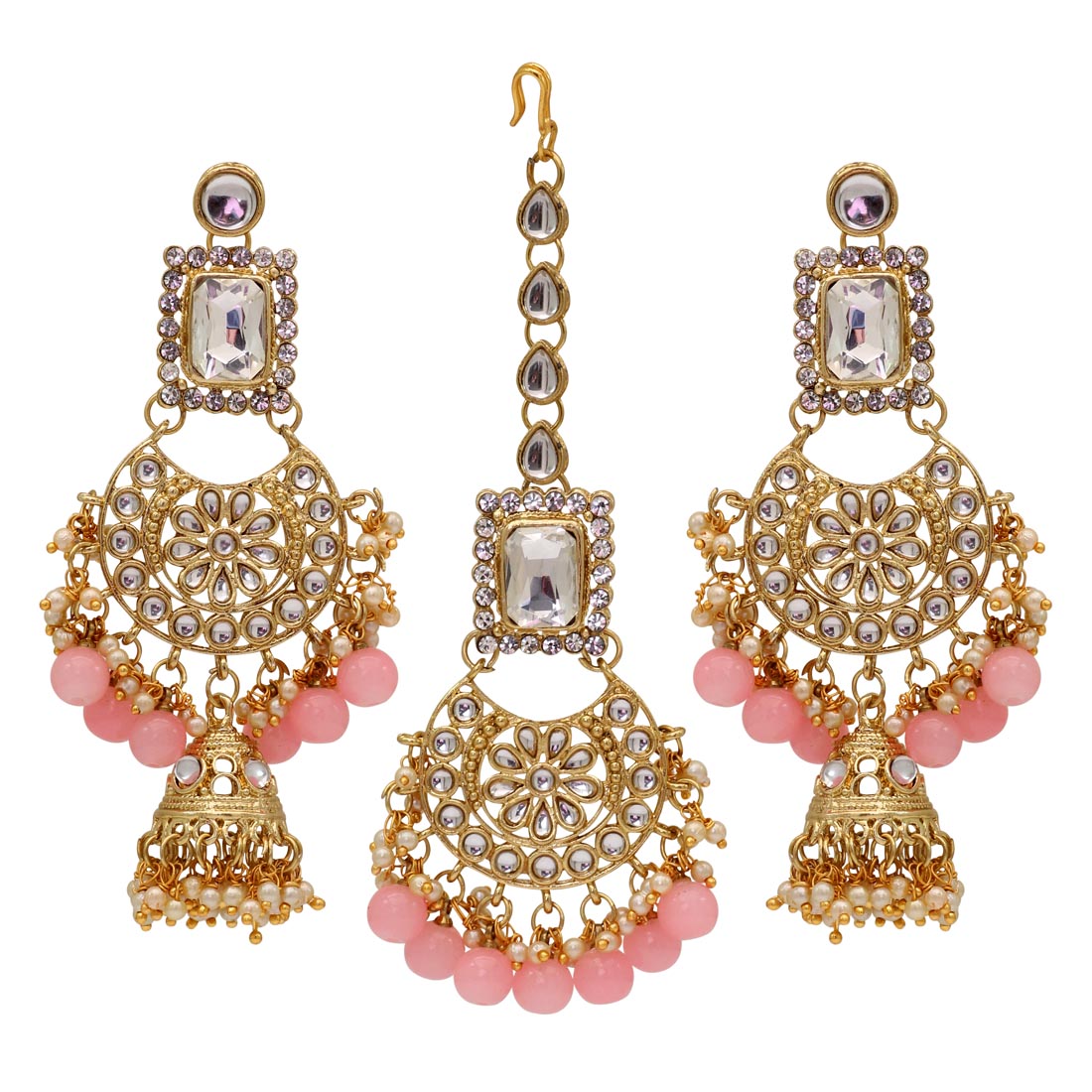 Peach Color Kundan Bridal Necklace With Earrings & Maang Tikka (KN222PCH) - preyans.com