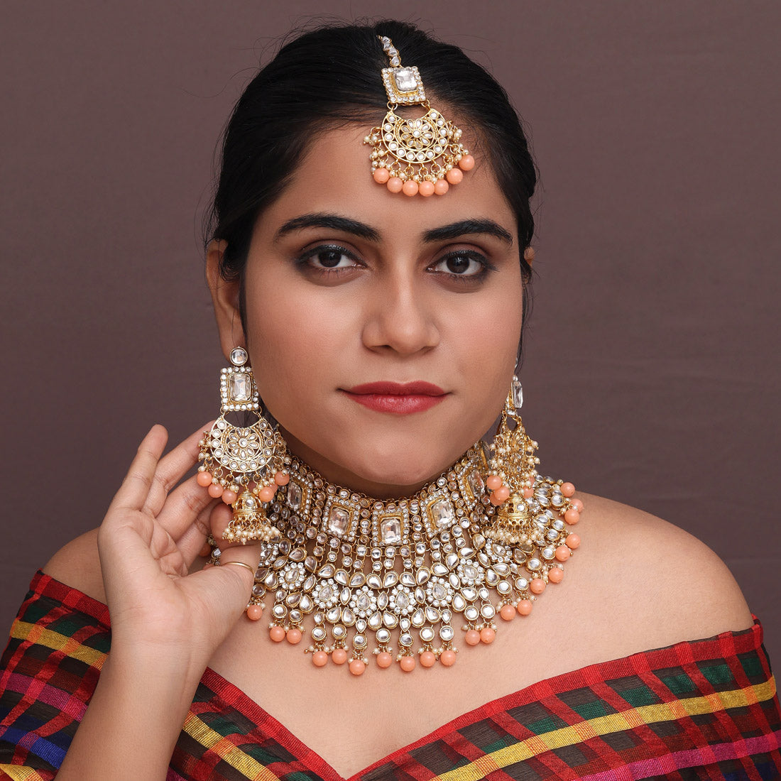 Peach Color Kundan Bridal Necklace With Earrings & Maang Tikka (KN222PCH) - preyans.com