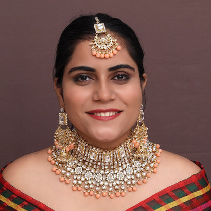 Peach Color Kundan Bridal Necklace With Earrings & Maang Tikka (KN222PCH) - preyans.com