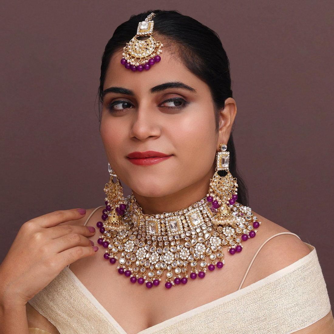 Purple Color Kundan Bridal Necklace Set (KN222PRP) - preyans.com