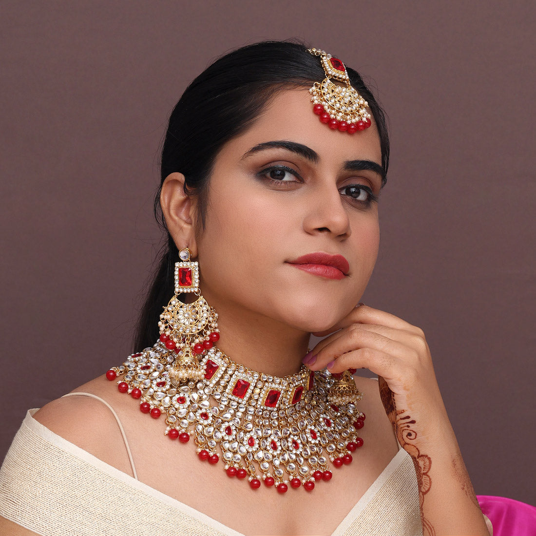 Red Color Kundan Bridal Necklace Set (KN222RED) - preyans.com