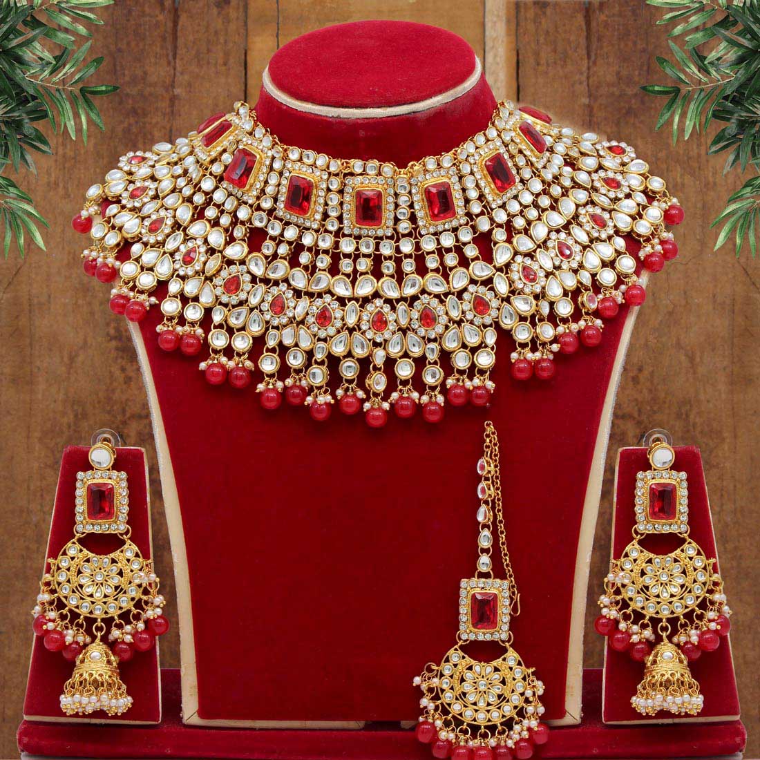 Red Color Kundan Bridal Necklace Set (KN222RED) - preyans.com