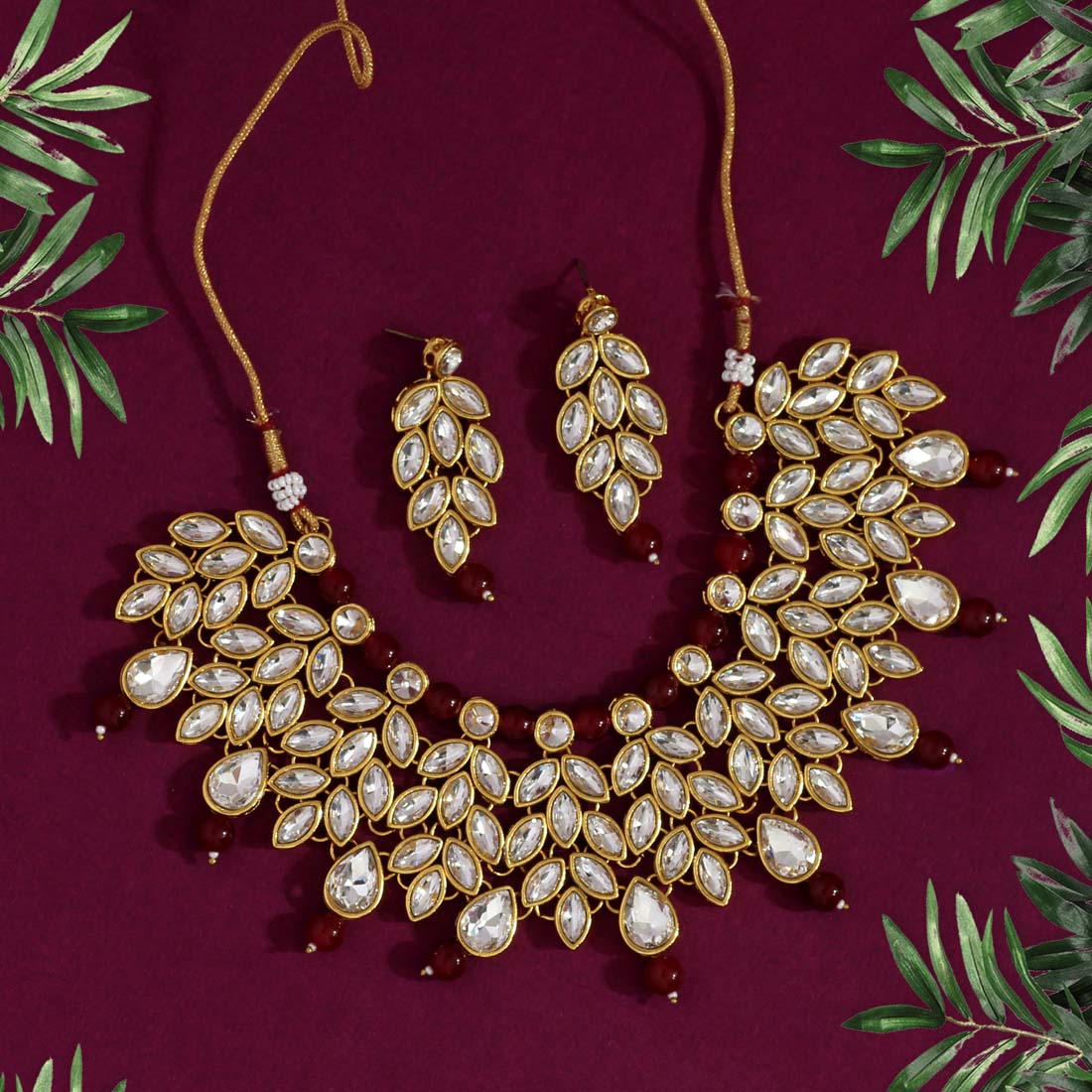 Maroon Color Kundan Necklace Set (KN373MRN) - Preyans.com