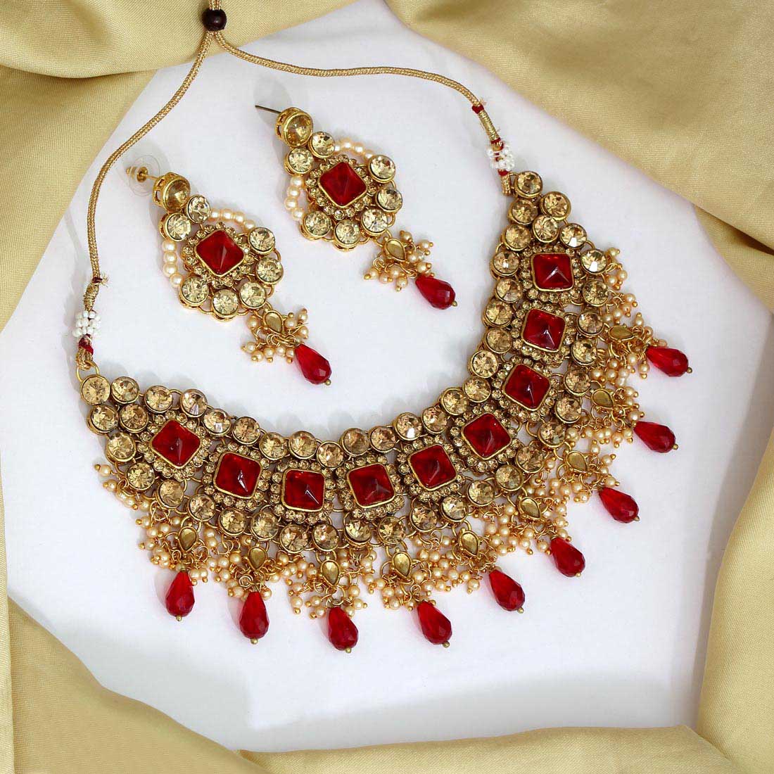 Red & Gold Color Kundan Necklace Set (KN827REDGLD) - Preyans.com