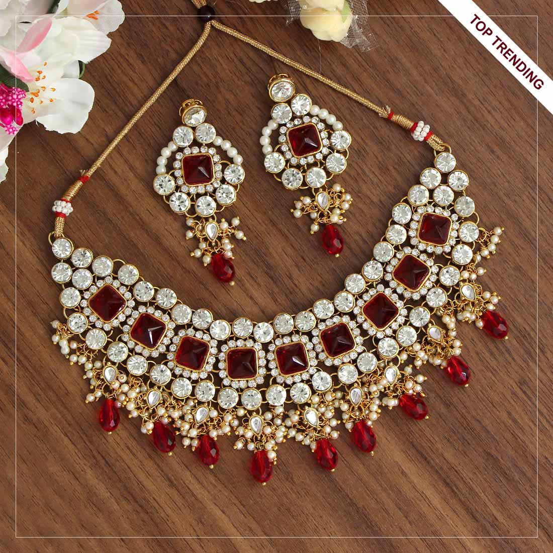 Red Color Necklace With Earrings (KN827RED) - Preyans.com