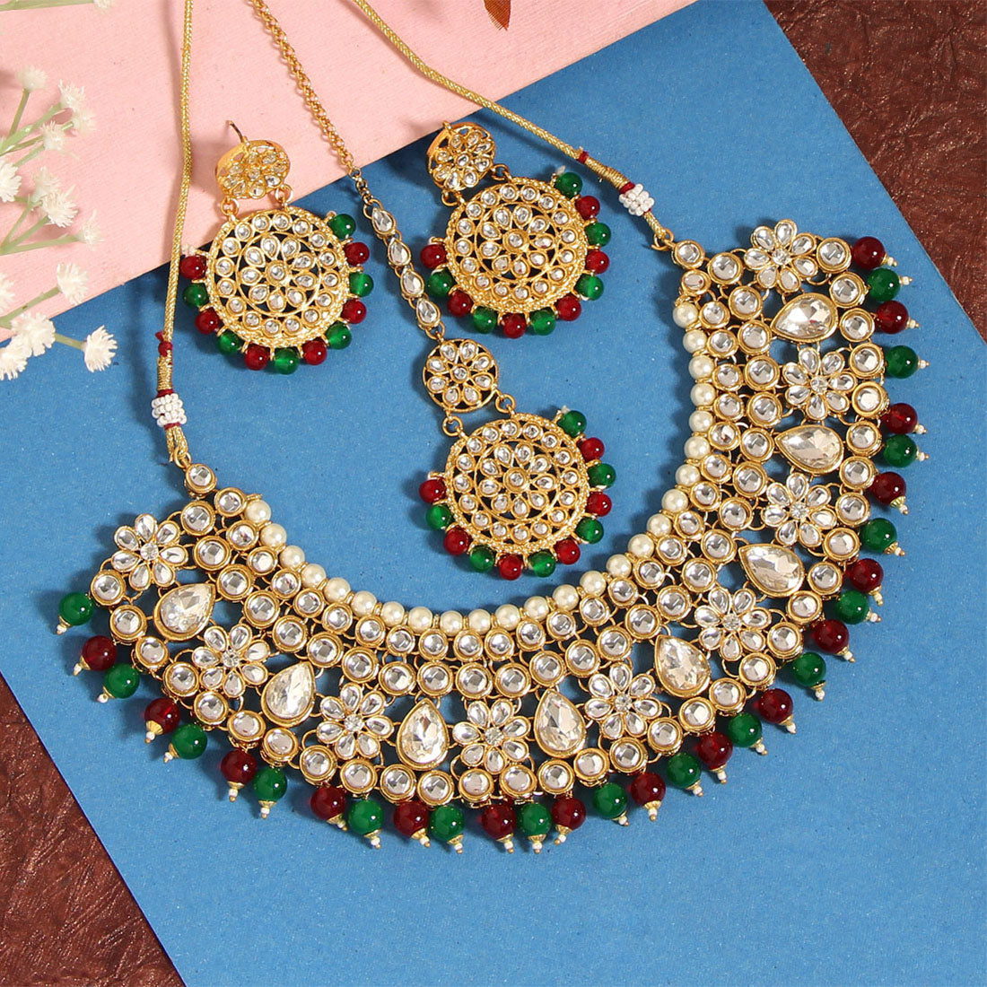 Maroon & Green Color Kundan Necklace Set (KN845MG) - Preyans.com