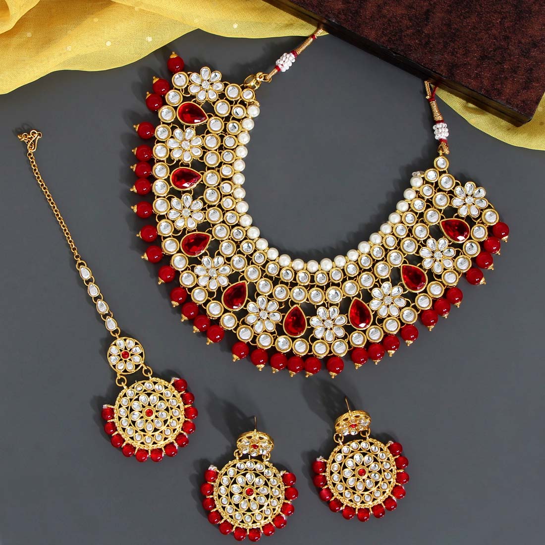 Red Color Kundan Necklace Set (KN845RED) - Preyans.com