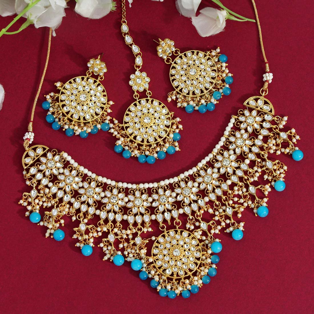 Firozi Color Kundan Necklace Set (KN858FRZ) - Preyans.com