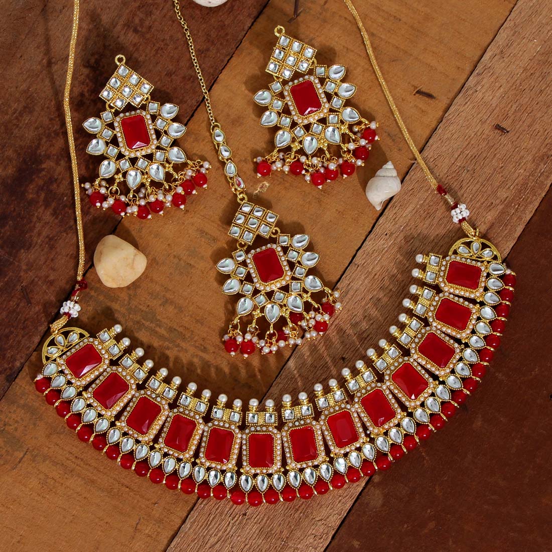 Red Color Kundan Necklace Set (KN864RED) - preyans.com