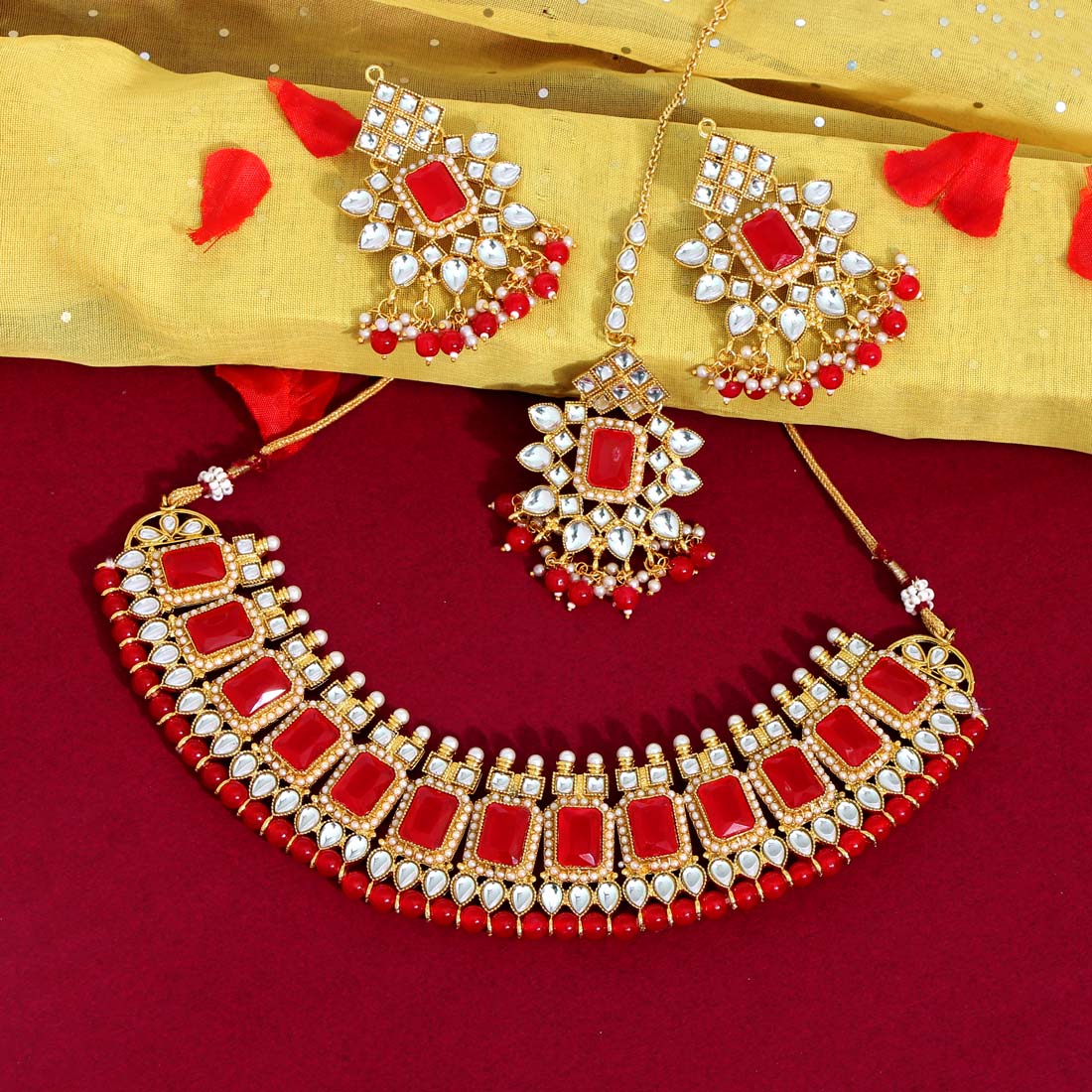 Red Color Kundan Necklace Set (KN864RED) - preyans.com