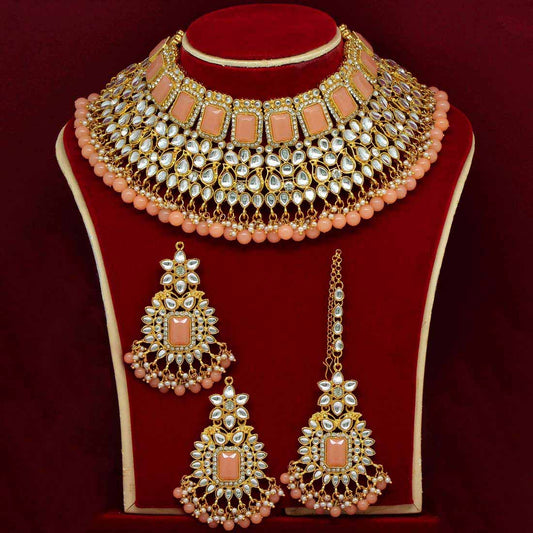 Peach Color Kundan Bridal Choker Necklace Set (KN886PCH) - preyans.com