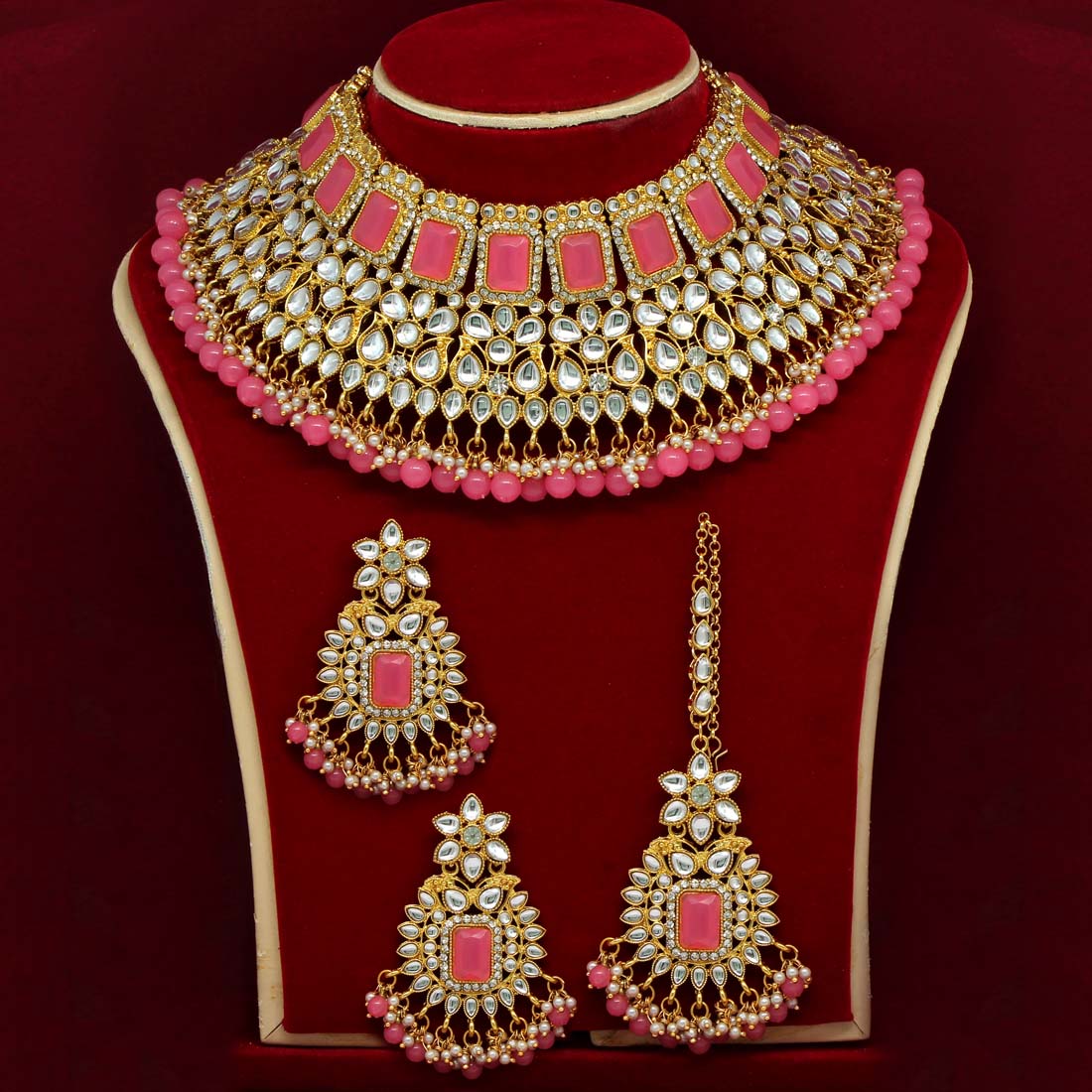 Pink Color Kundan Bridal Choker Necklace Set (KN886PNK) - preyans.com