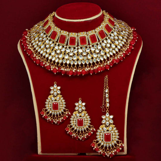 Red Color Kundan Bridal Choker Necklace Set (KN886RED) - preyans.com