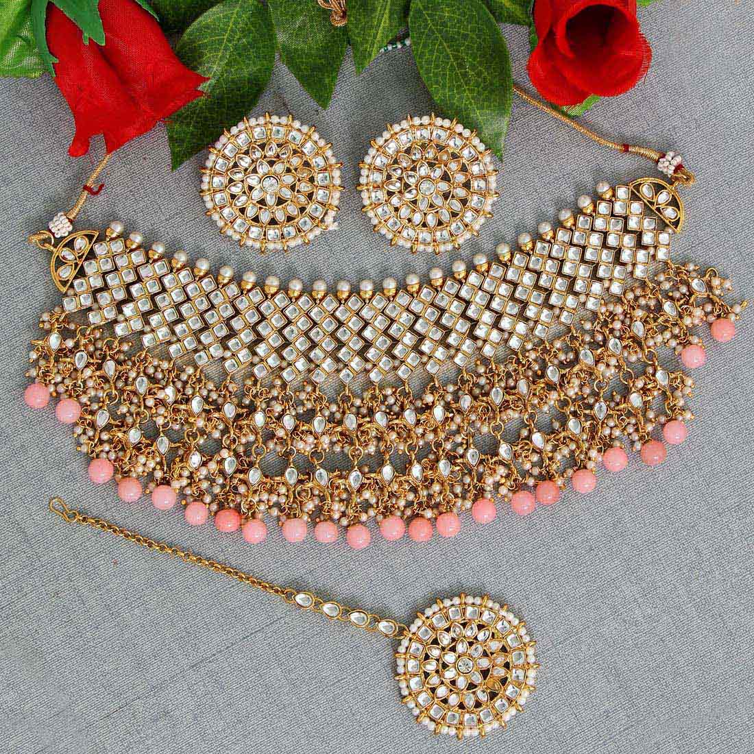 Peach Color Kundan Necklace Set (KN905PCH) - preyans.com